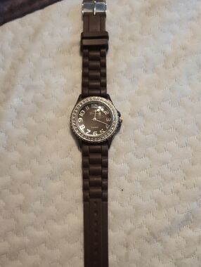 Brown Silicone Strap Watch with Crystal Bezel